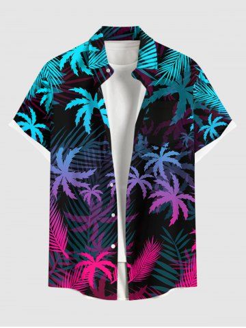 Hawaii Plus Size Ombre Coconut Tree Palm Leaf Print Buttons Pocket Shirt For Men - BLACK - 2XL