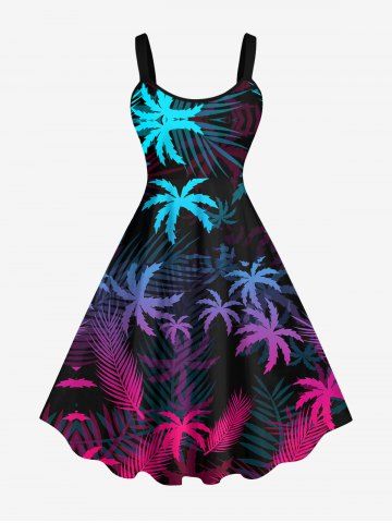 Hawaii Plus Size Ombre Coconut Tree Palm Leaf Print Tank Dress - BLACK - XXS