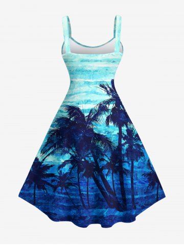 Plus Size Coconut Tree Sea Waves Ombre Print Hawaii Tank Dress