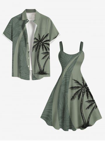 Coconut Tree Tropical Leaf Print Plus Size Matching Hawaii Beach Outfit For Couples
