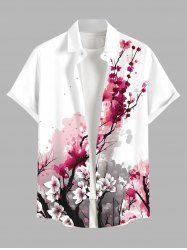 Plus Size Oriental Ink Plum Bossom Flower Print Buttons Pocket Shirt For Men -  