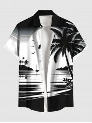 Plus Size Ink Painting Coconut Tree Sun Sea Bird Print Buttons Pocket Hawaii Shirt For Men -  