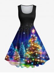 Robe Vintage 3D Etoile Sapin de Noël et Galaxie Imprimés Grande Taille à Paillettes - Noir 6X