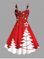 Robe Débardeur 3D Etoile Sapin de Noël et Lumière en Blocs de Couleurs de Grande Taille à Paillettes - Rouge 2X