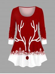 Plus Size Christmas Elk Snowflake Colorblock Print T-shirt -  