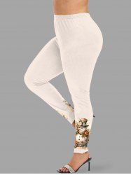 Plus Size Christmas Snowman Flowers Print Leggings -  