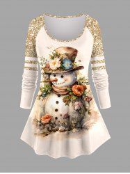 T-shirt de Noël Brillant 3D Bonhomme de Neige et Fleur Imprimés de Grande Taille à Manches Raglan - café lumière 4X