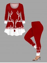 Christmas Elk Snowflake Colorblock Print Plus Size Matching Set -  
