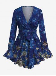 Plus Size Ombre Christmas Snowflake Glitter Stars Galaxy Print Surplice Long Sleeves Blouse with Tied Belt -  