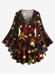 Plus Size Glitter Christmas Light Ombre Stars Print Lattice Long Sleeves T-shirt -  