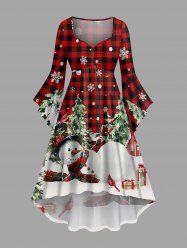 Plus Size Christmas Tree Snowflake Snowman Plaid House Print Ruched High Low Asymmetric Dress -  