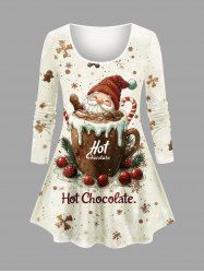 Plus Size Christmas Bowknot Gingerbread Snowflake Santa Claus Candy Cup Print Long Sleeves T-shirt -  