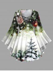 Plus Size Christmas Tree Ball Print Ombre Lattice Long Sleeves T-shirt -  