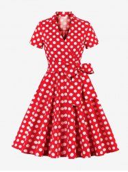 Plus Size Polka Dot Print Zipper Surplice Bowknot Belt Vintage Dress -  