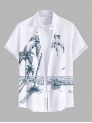 Plus Size Coconut Tree Sea Boat Bird Print Buttons Pocket Hawaii Shirt For Men -  