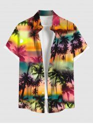 Plus Size Ombre Galaxy Sun Coconut Tree Print Button Pocket Hawaii Shirt For Men -  