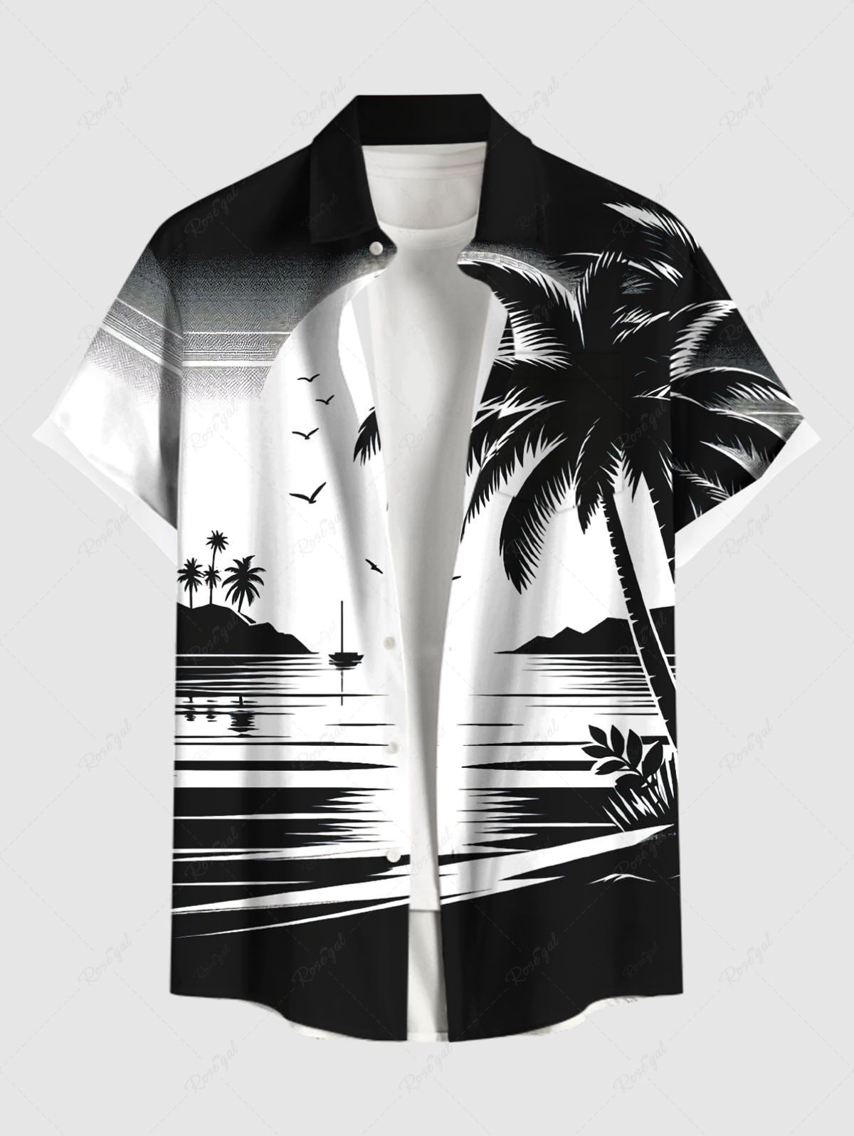 Latest Plus Size Ink Painting Coconut Tree Sun Sea Bird Print Buttons Pocket Hawaii Shirt For Men  