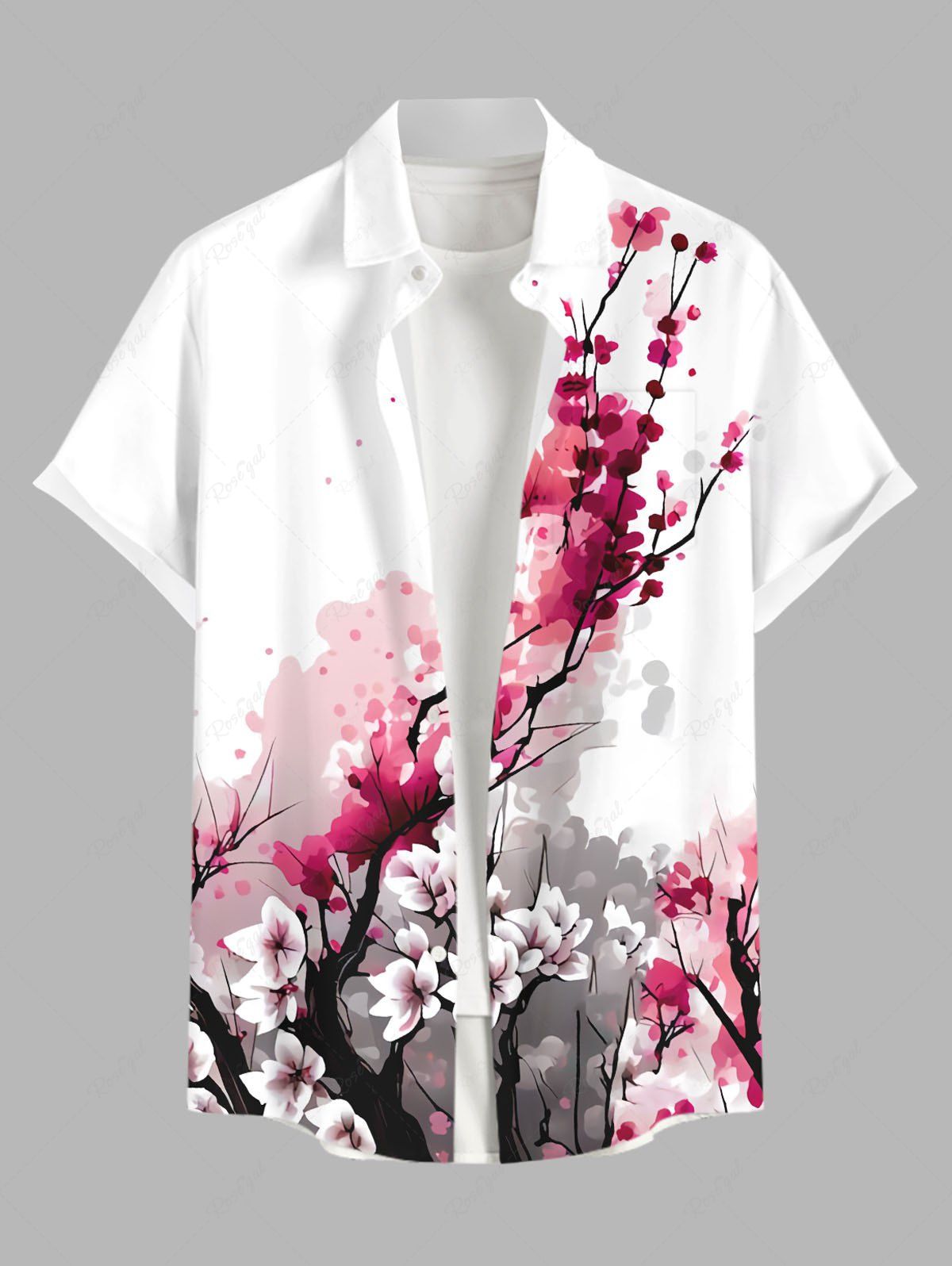 New Plus Size Oriental Ink Plum Bossom Flower Print Buttons Pocket Shirt For Men  
