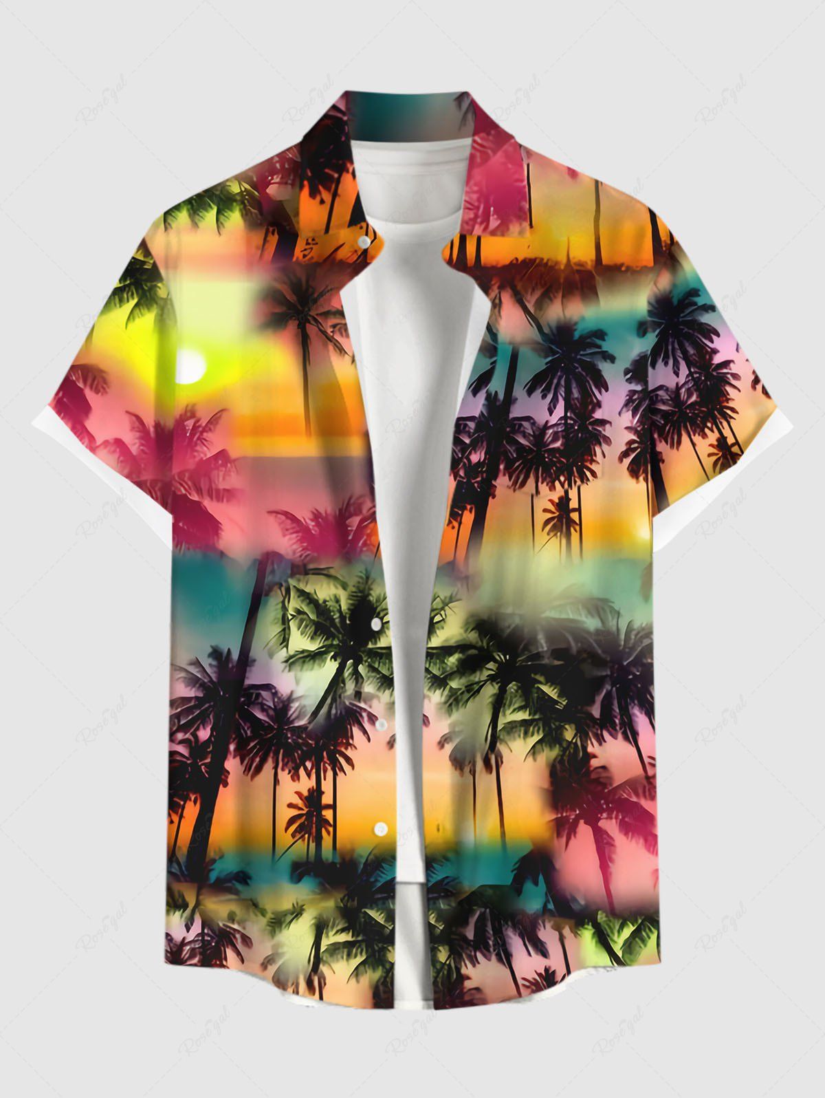 Affordable Plus Size Ombre Galaxy Sun Coconut Tree Print Button Pocket Hawaii Shirt For Men  
