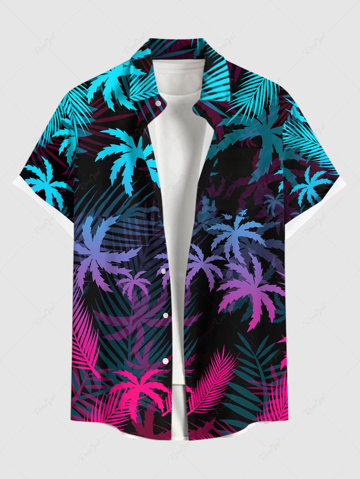 Chic Hawaii Plus Size Ombre Coconut Tree Palm Leaf Print Buttons Pocket Shirt For Men  