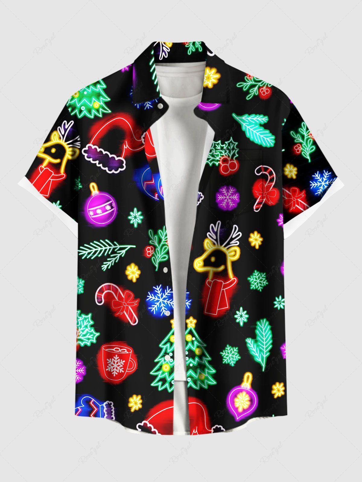 Chemise Imprimé Élément de Noël avec Poches Grande Taille Noir 3XL