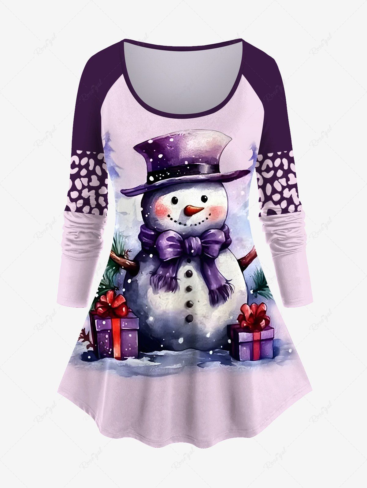 T-shirt à Manches Raglan Imprimé Élément Noël Grande Taille Pourpre  6X