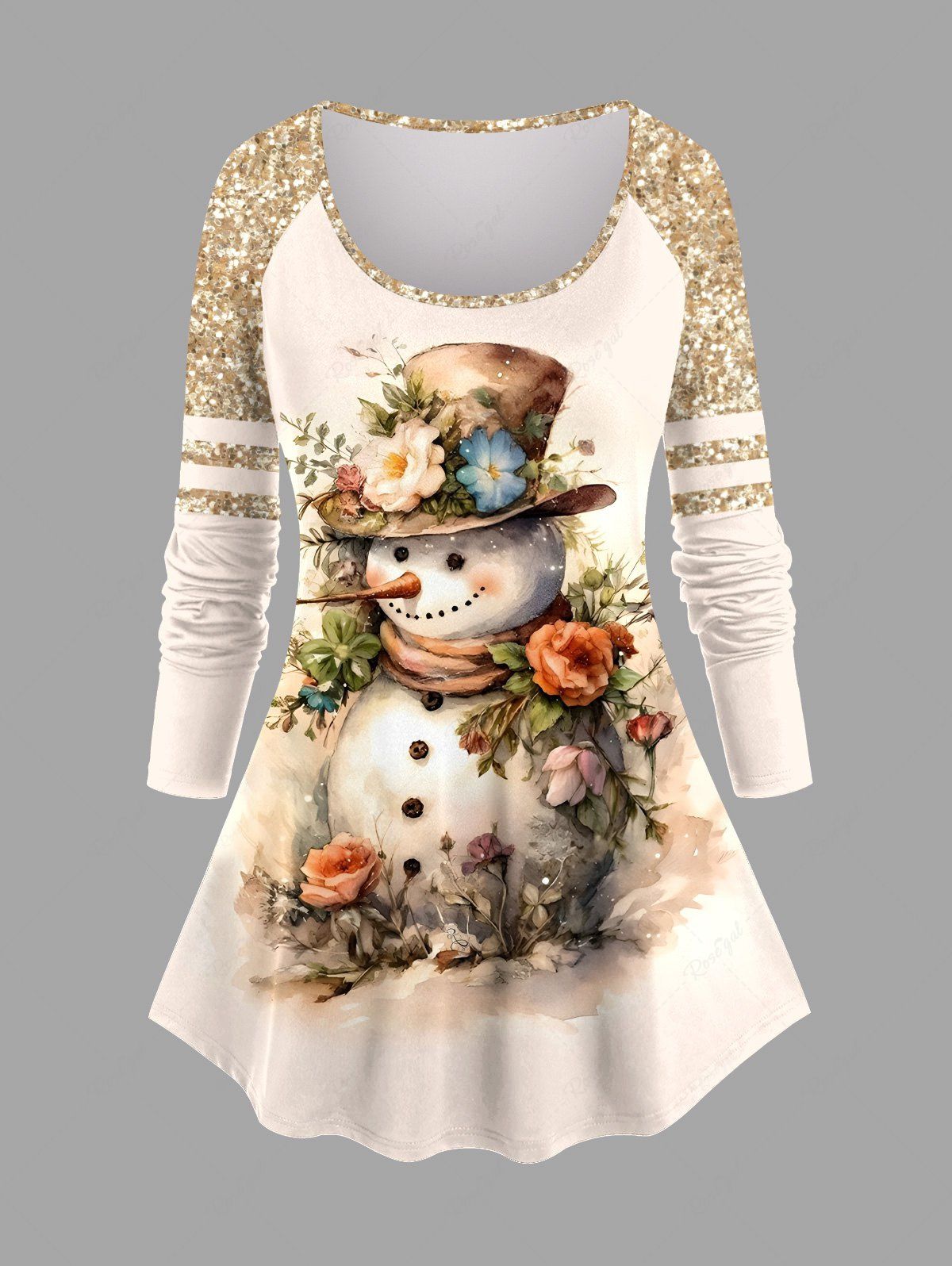 Discount Plus Size Christmas Snowman Flowers Sparkling Sequin 3D Print Raglan Sleeve T-shirt  