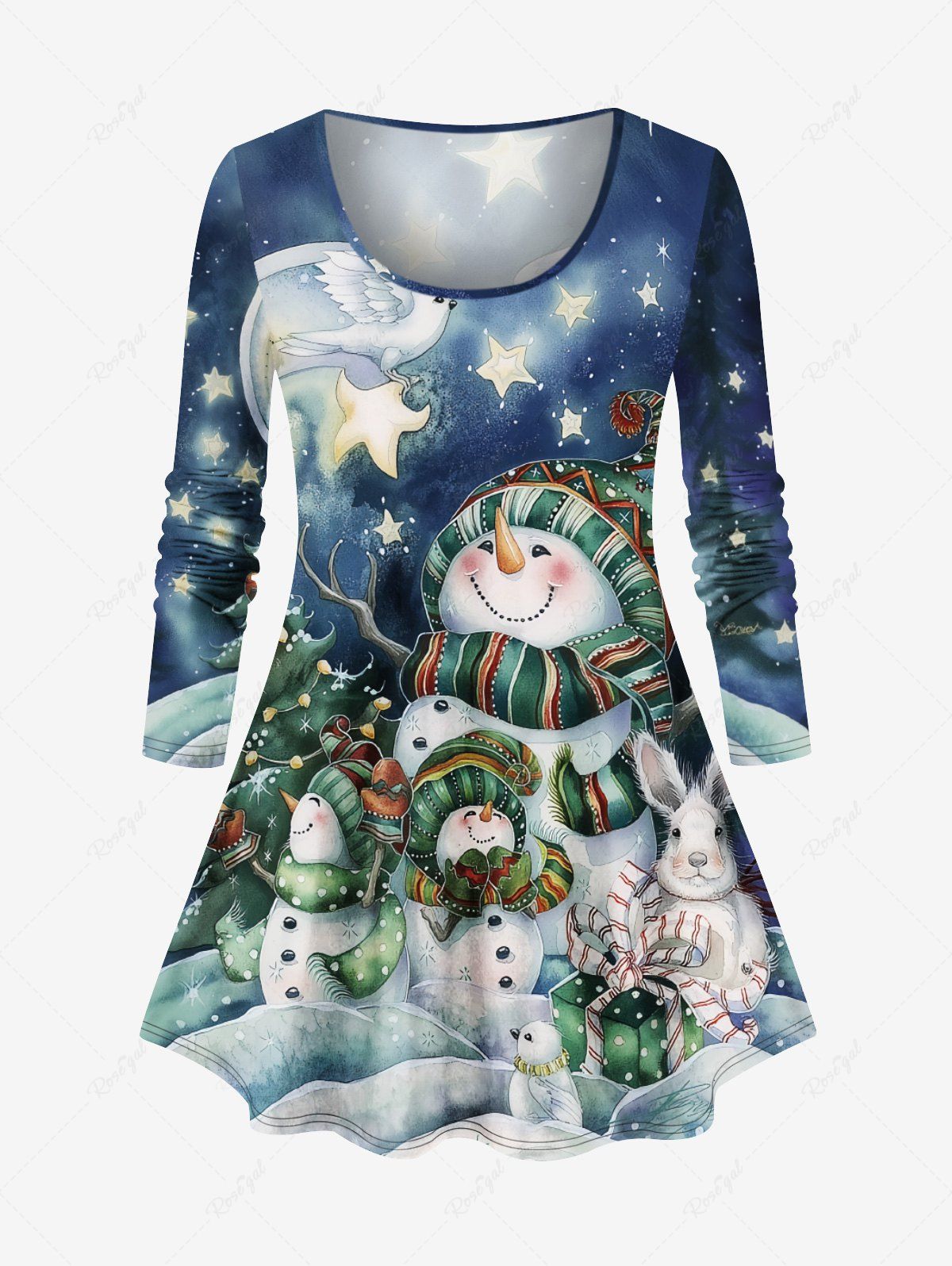 Latest Plus Size Christmas Tree Snowman Rabbit Bird Star Print T-shirt  
