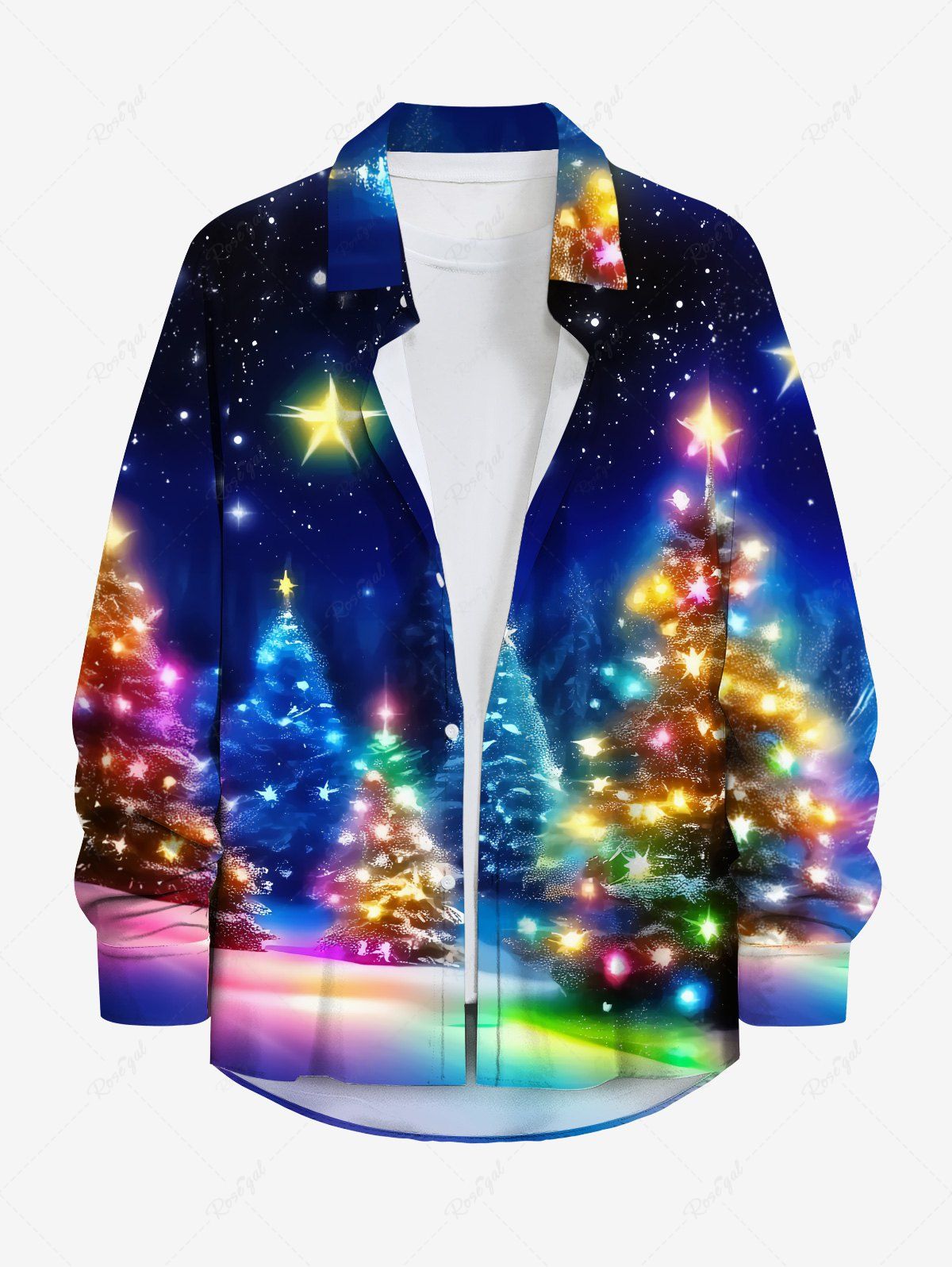 Chemise 3D Etoile Sapin de Noël Lumière et Galaxie Imprimés Grande Taille avec Boutons à Paillettes Multi-A 5XL