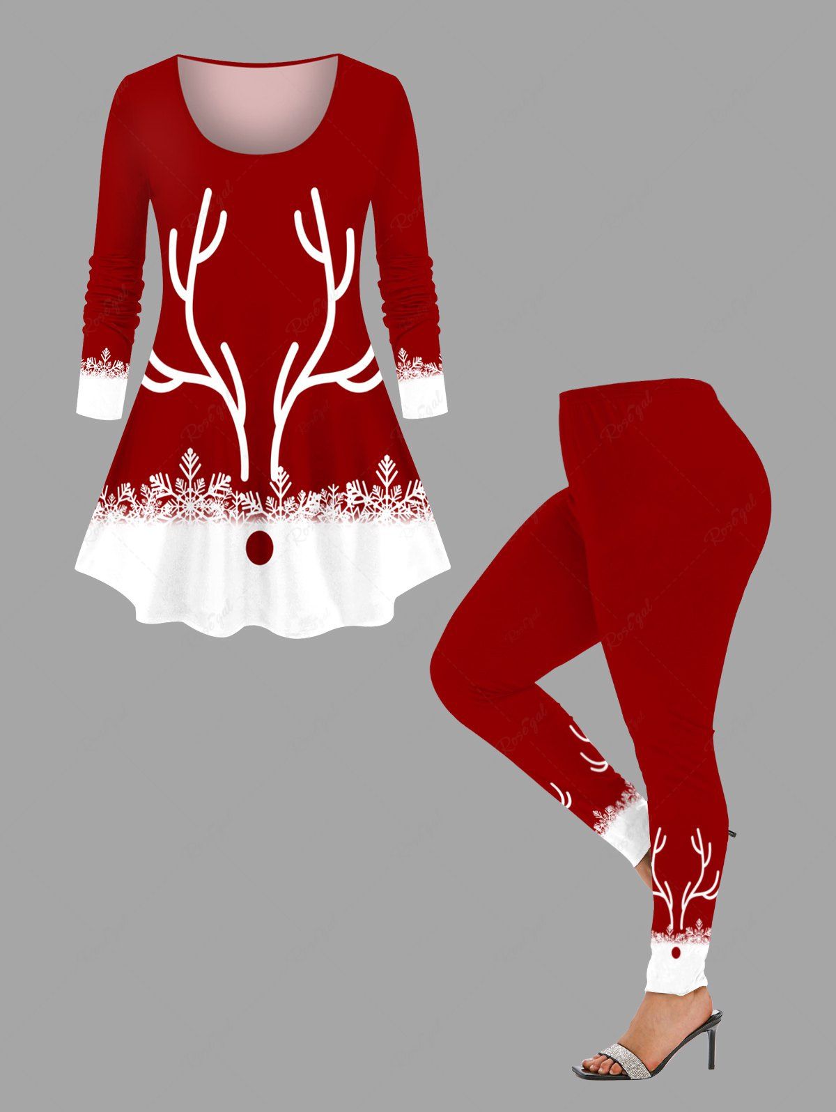 Hot Christmas Elk Snowflake Colorblock Print Plus Size Matching Set  