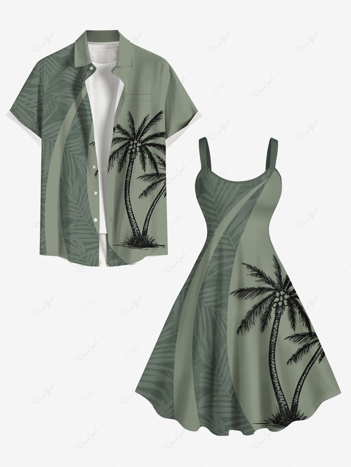 Chic Coconut Tree Tropical Leaf Print Plus Size Matching Hawaii Beach Outfit For Couples  