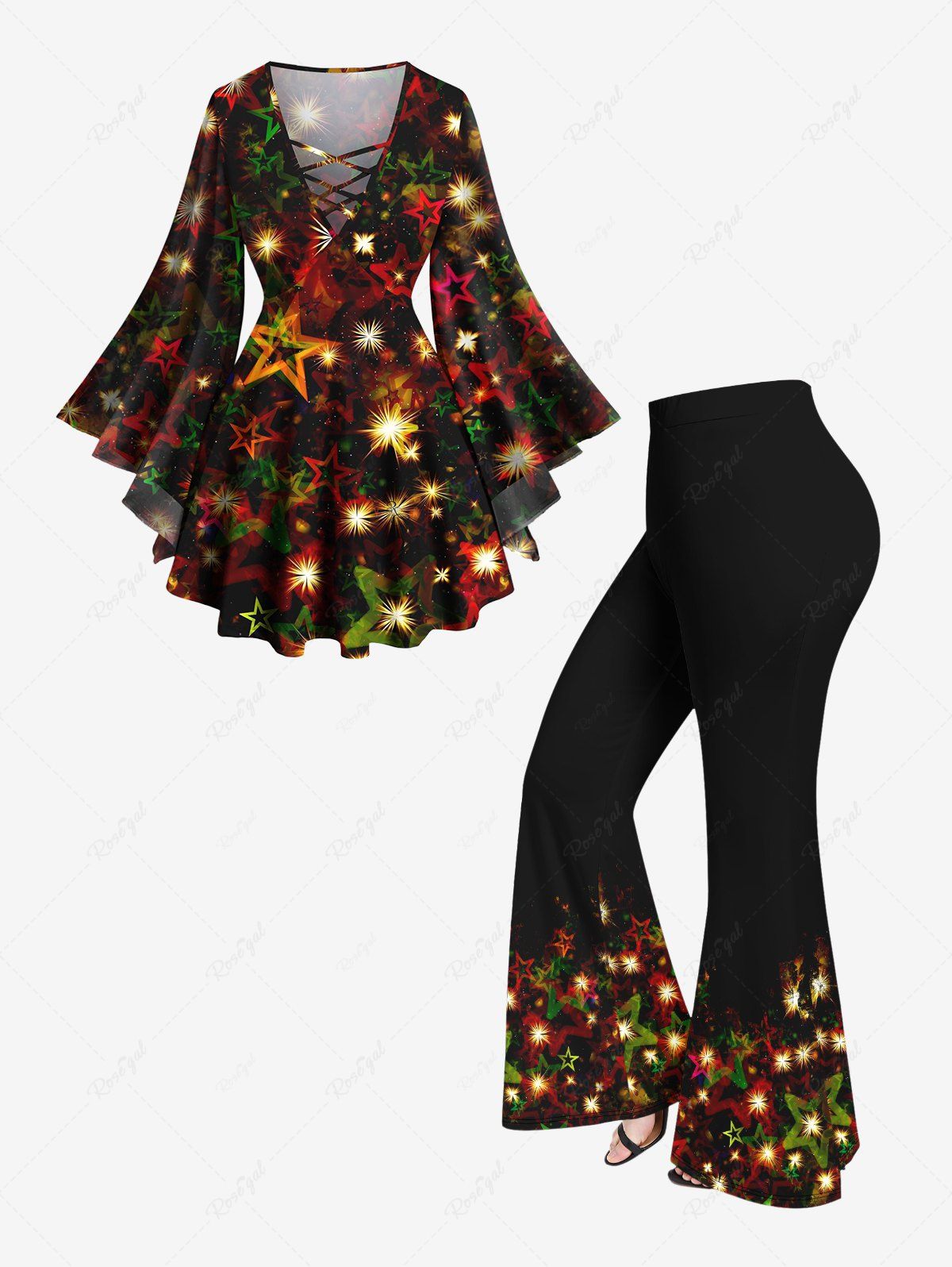 Ensemble de T-shirt Ombré Etoile Brillante Imprimée en Treillis de Grande Taille et de Pantalon Evasé Noir 