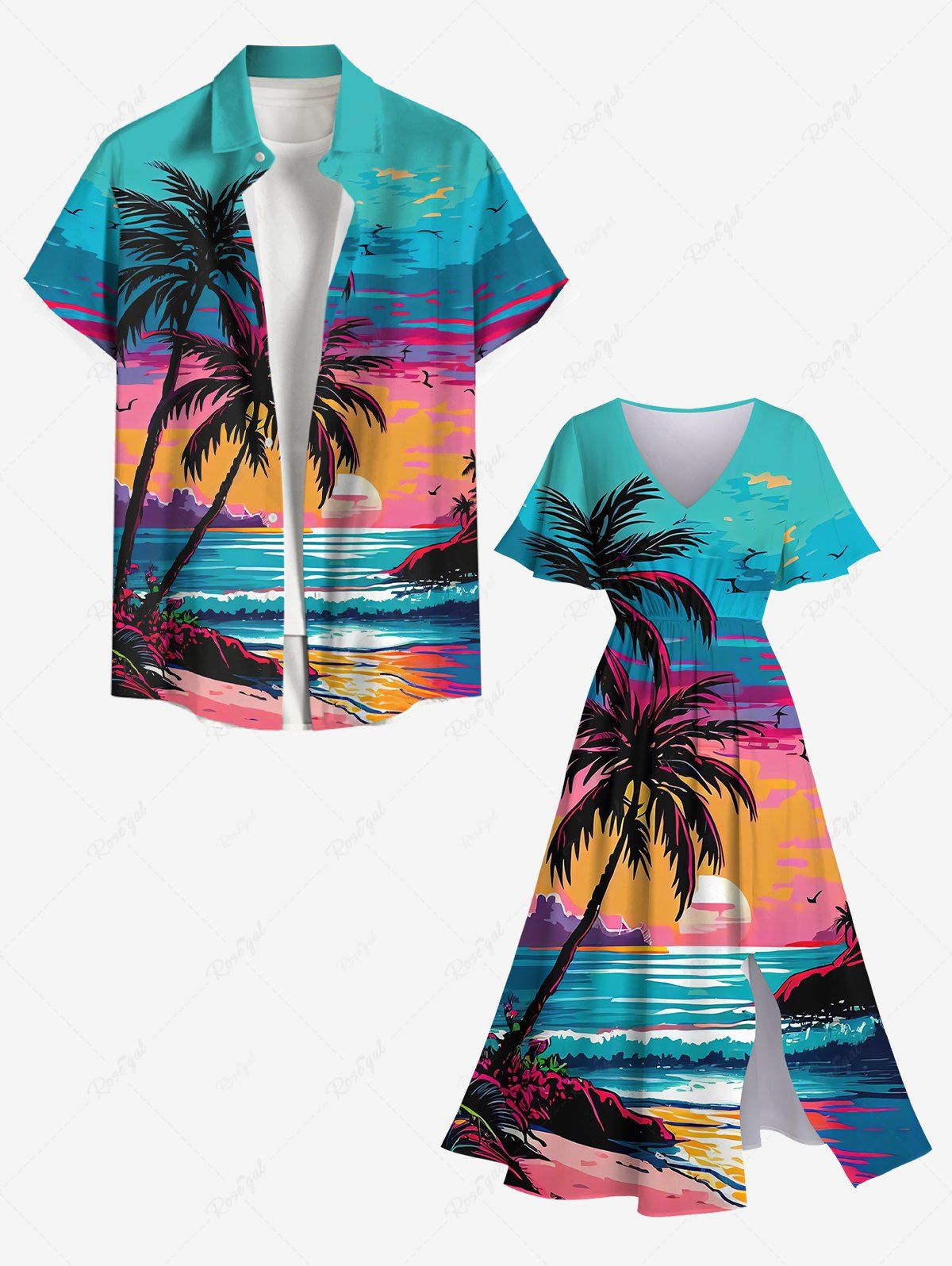 Best Coconut Tree Sea Sunset Cloud Colorblock Print Plus Size Matching Hawaii Beach Outfit For Couples  