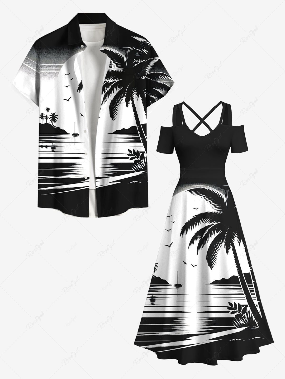 Outfit Ink Painting Coconut Tree Sun Sea Bird Print Plus Size Matching Hawaii Beach Outfit For Couples  