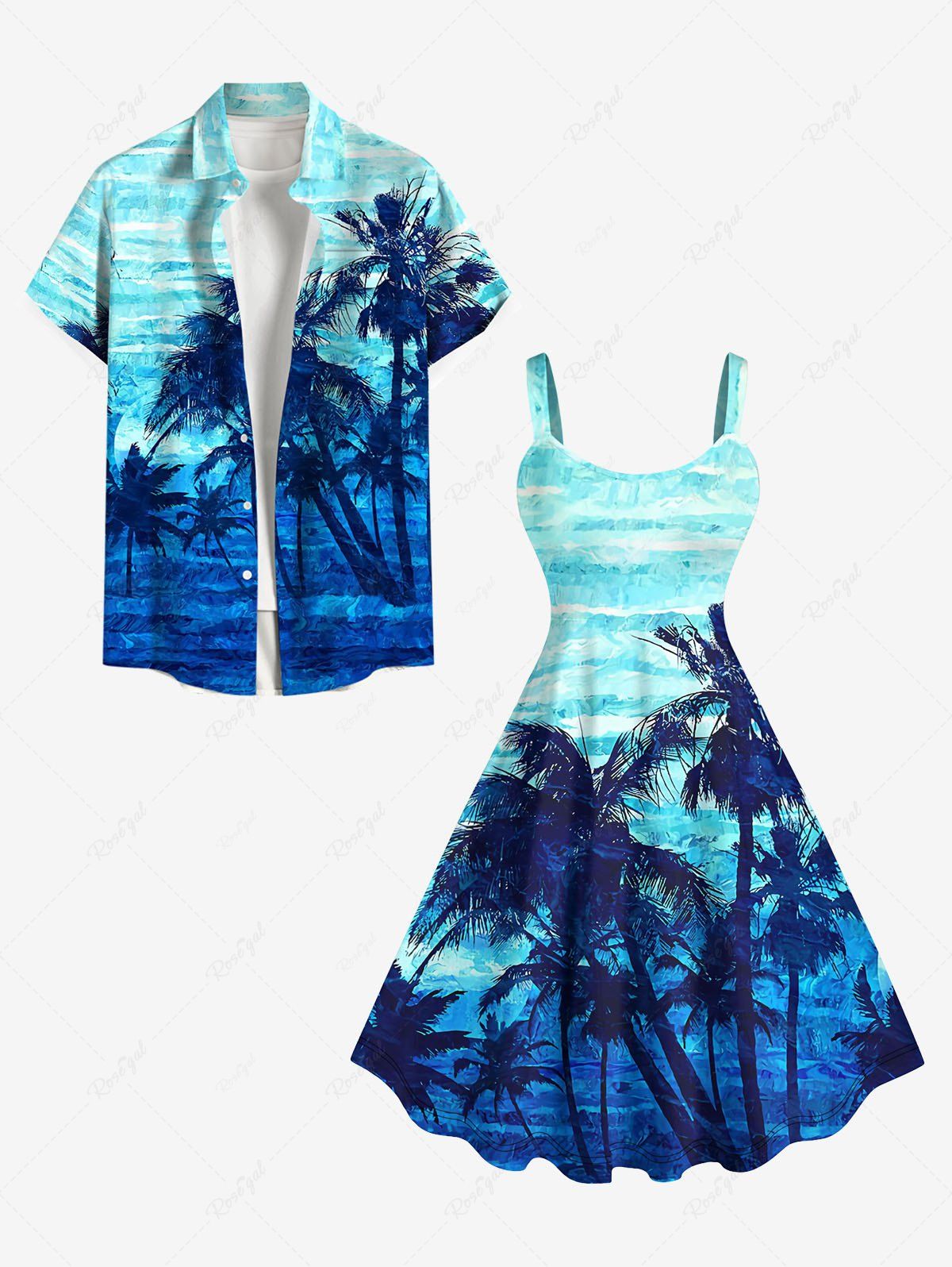 Discount Coconut Tree Sea Waves Ombre Print Plus Size Matching Hawaii Beach Outfit For Couples  