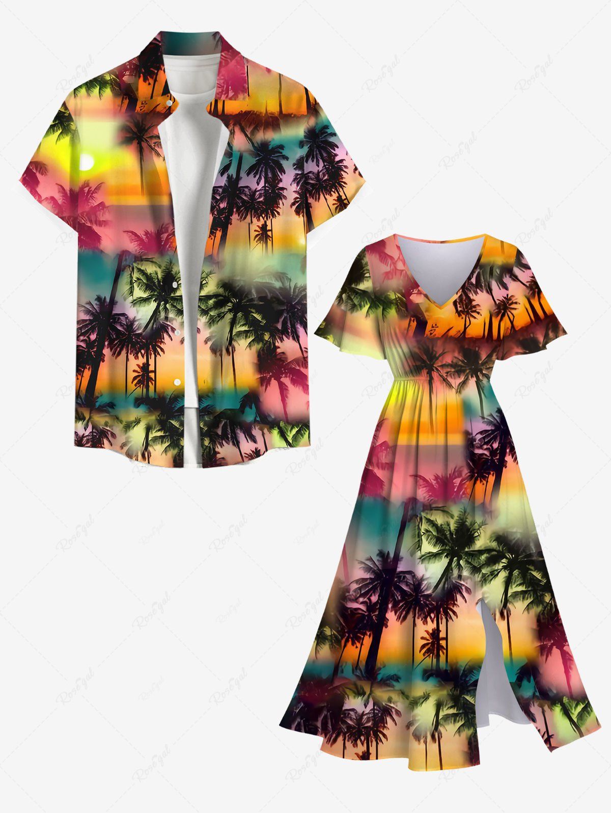 Fancy Ombre Galaxy Sun Coconut Tree Print Dress and Button Pocket Shirt Plus Size Matching Hawaii Beach Outfit For Couples  