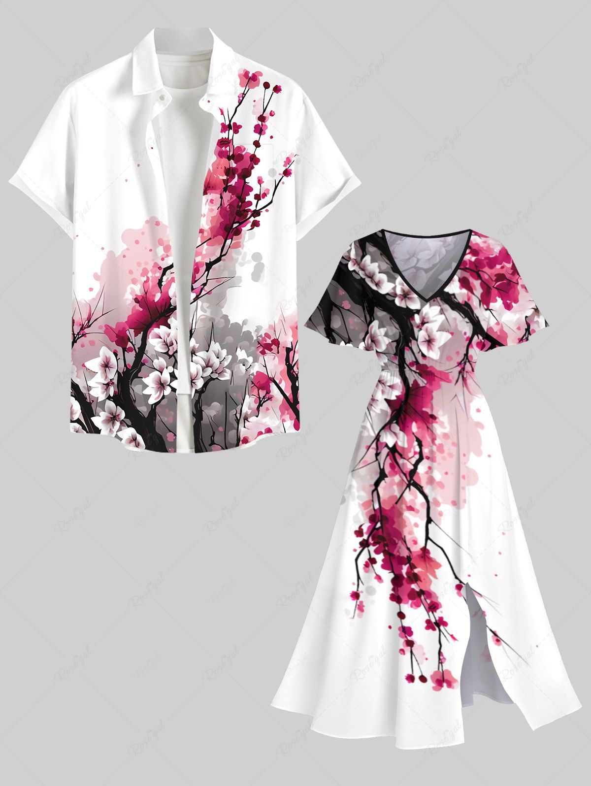 Fancy Oriental Ink Plum Bossom Flower Print Plus Size Matching Hawaii Beach Outfit For Couples  