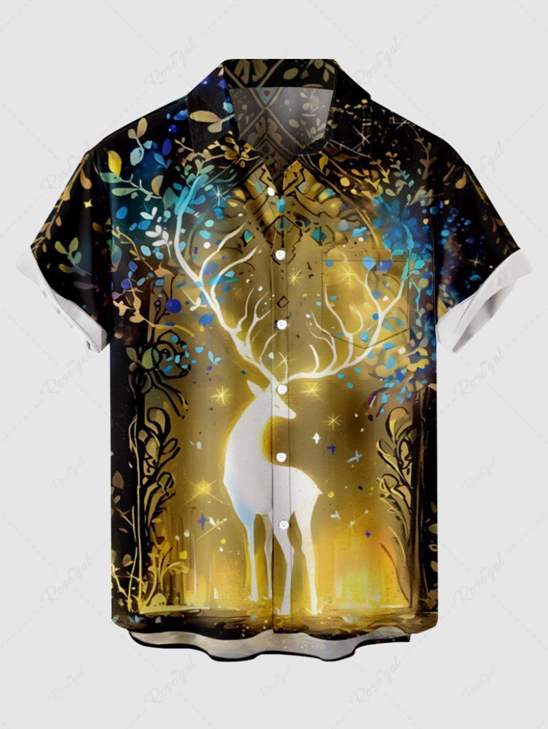 Chemise avec Boutons à Imprimé Branche D'Élan et Feuilles Brillantes Grande-Taille pour Hommes Multi-A M