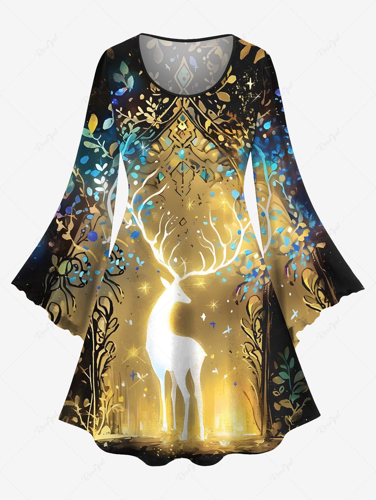 Robe Ligne A Cerf de Noël et Branche Imprimés de Grande Taille à Paillettes Multi-A 6X