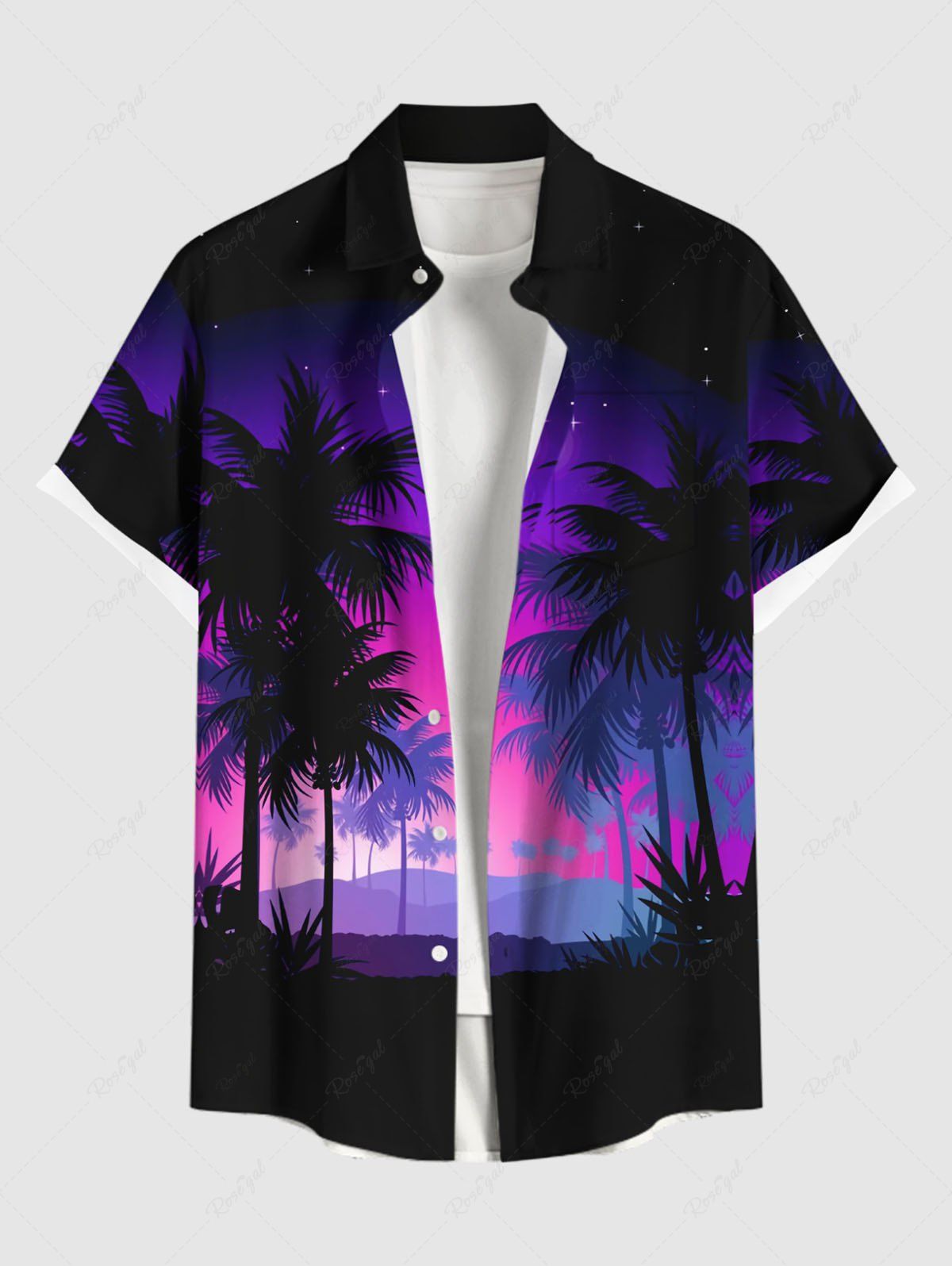 Outfit Men's Coconut Tree Moon Star Ombre Print Buttons Pocket Hawaii Shirt  