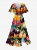 Ombre Galaxy Sun Coconut Tree Print Dress and Button Pocket Shirt Plus Size Matching Hawaii Beach Outfit For Couples -  