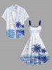 Plus Size Tropical Sea Coconut Tree Seagull Cloud Print Buttons Pocket Hawaii Shirt For Men -  