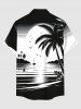 Plus Size Ink Painting Coconut Tree Sun Sea Bird Print Buttons Pocket Hawaii Shirt For Men -  