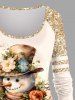 Plus Size Christmas Snowman Flowers Sparkling Sequin 3D Print Raglan Sleeve T-shirt -  