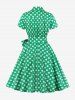 Plus Size Polka Dot Print Zipper Surplice Bowknot Belt Vintage Dress -  