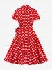 Plus Size Polka Dot Print Zipper Surplice Bowknot Belt Vintage Dress -  
