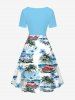 Plus Size Sea Flower Car Coconut Tree Print Cinched Hawaii Dress -  