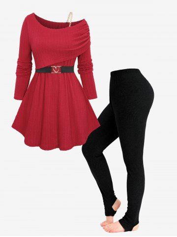 One Shoulder Ribbed Textured Cinched Knit Top with Removeble Chain and Heart Buckle Belt and Ribbed Solid Stirrup Leggings Plus Size Outfit - RED