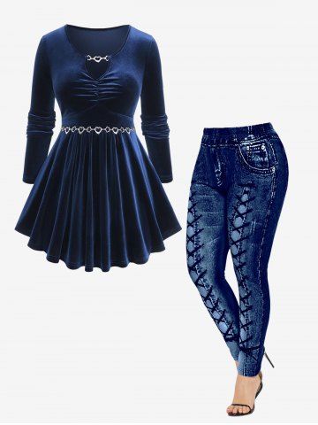 Heart Flower Chain Panel Ruched Keyhole Neck Velvet T-shirt and High Waisted 3D Printed Leggings Plus Size Outfit - BLUE