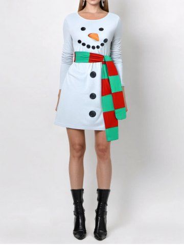 Christmas Snowman Print Long Sleeves Dress with Striped Two Tone Tied Belt - WHITE - S